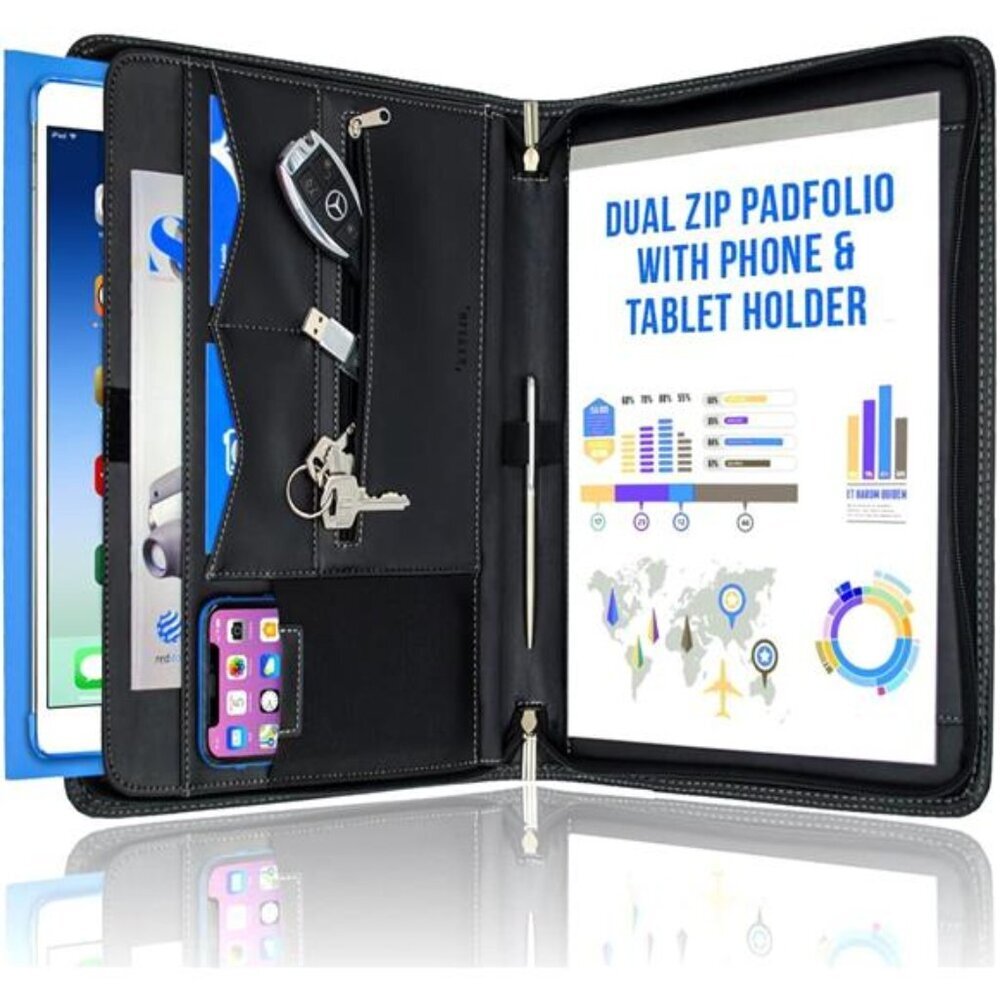 Zipper Padfolio Portfolio Binder Organizer Leather Portfolio for Documents